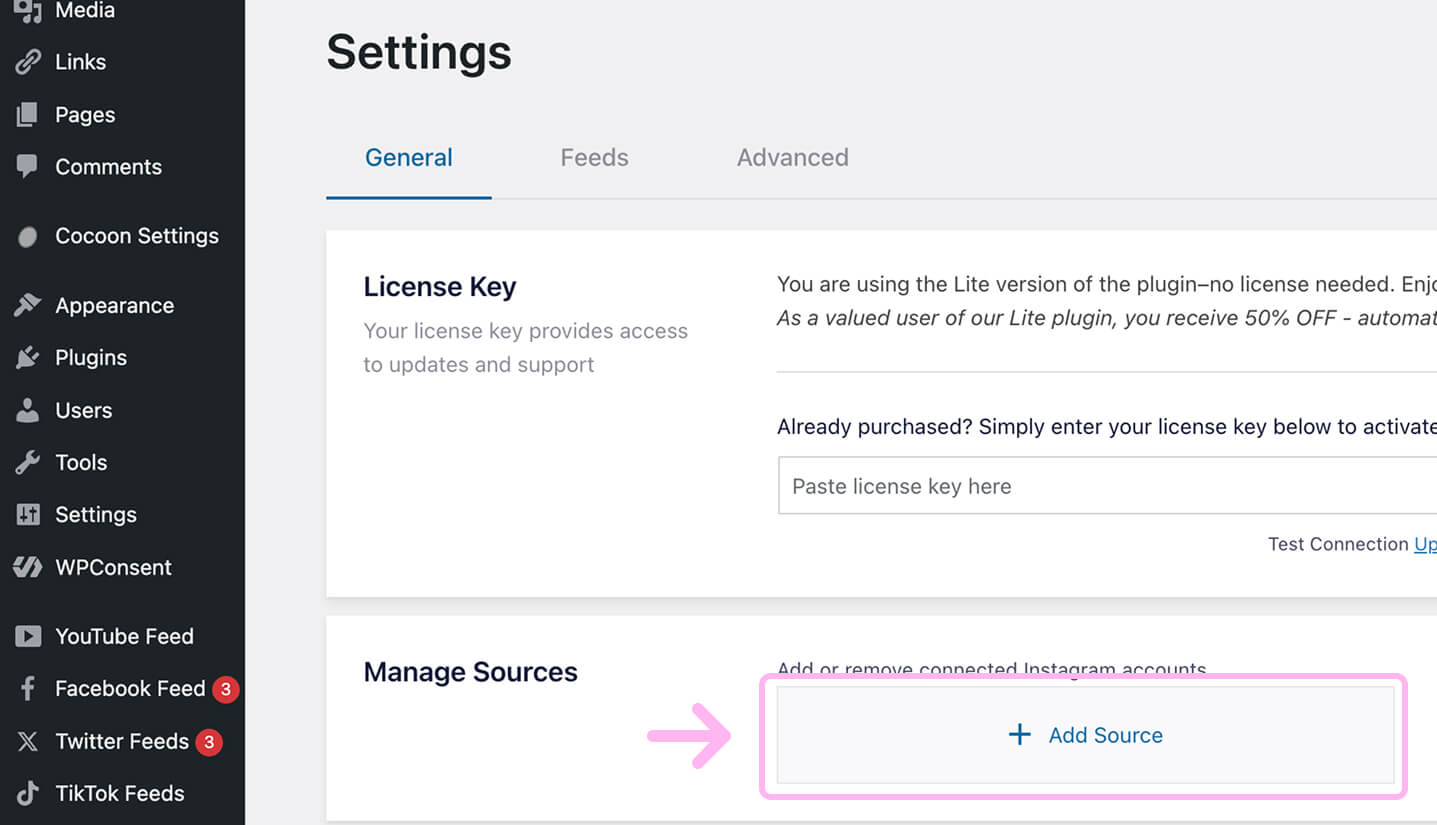 Instagram Feed設定画面の「ソースを管理（Manage Sources）」を開いた画面