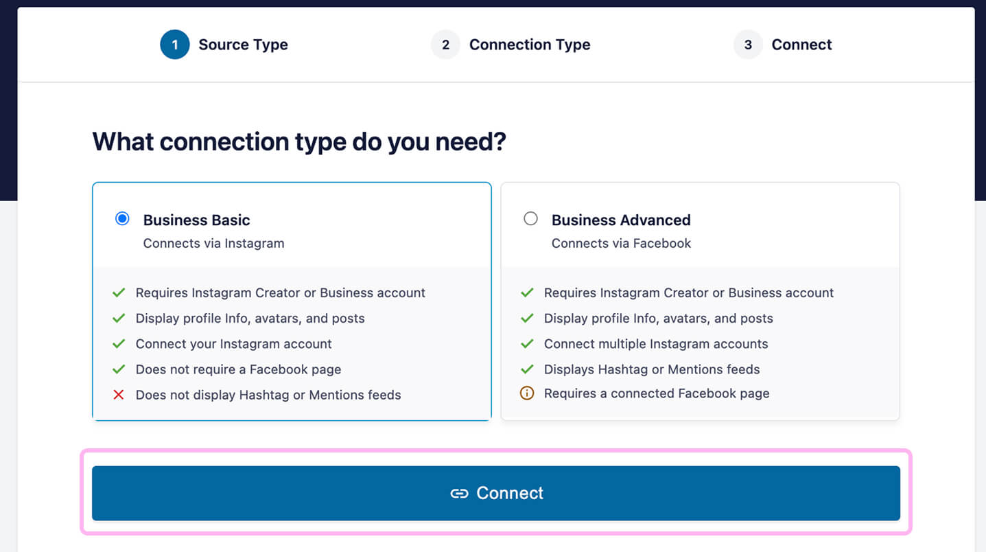 Add Sourceクリック後のInstagram接続方法選択画面（Business BasicとBusiness Advancedの選択）