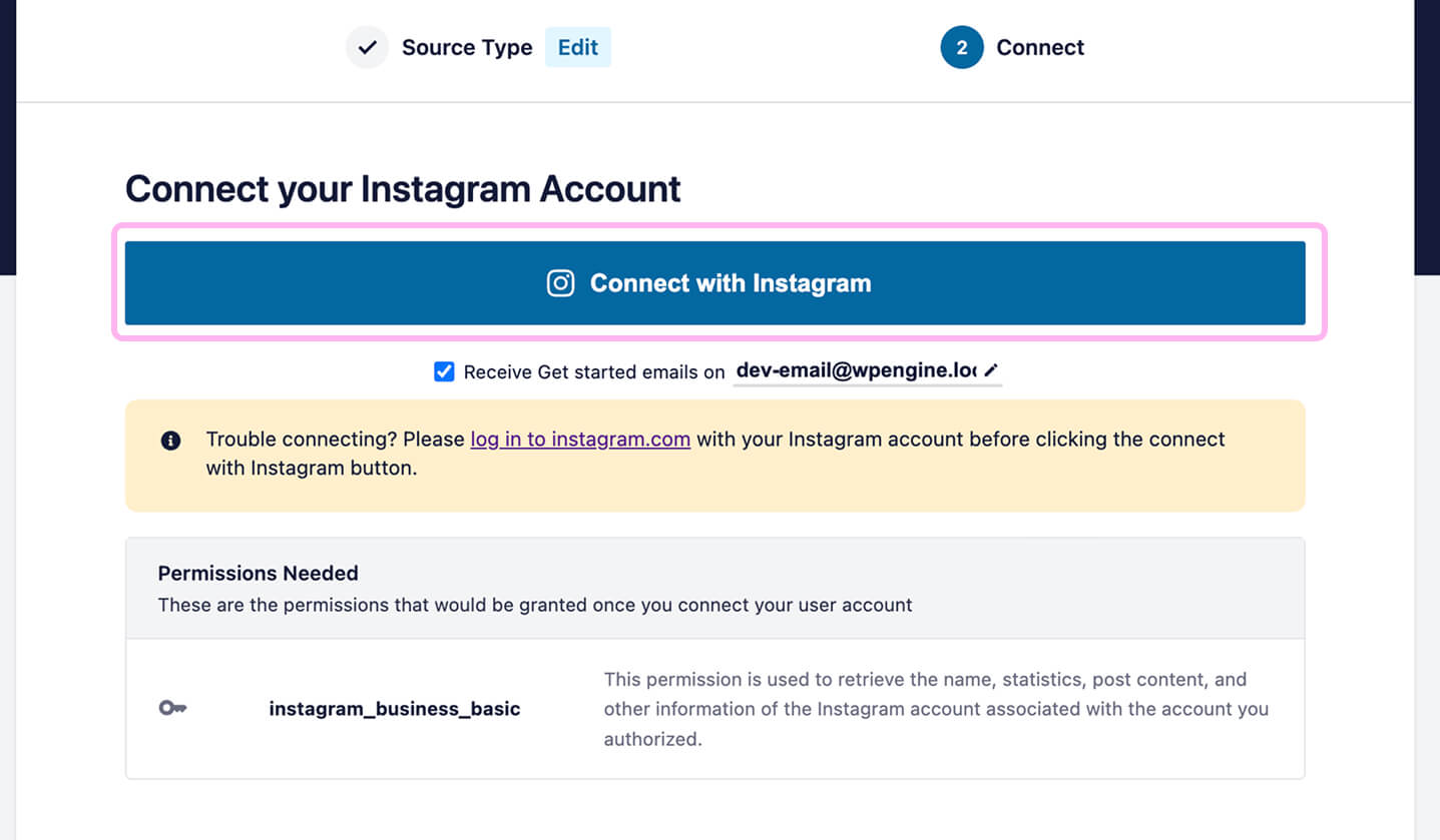 Connect with Instagramボタンが表示された接続画面