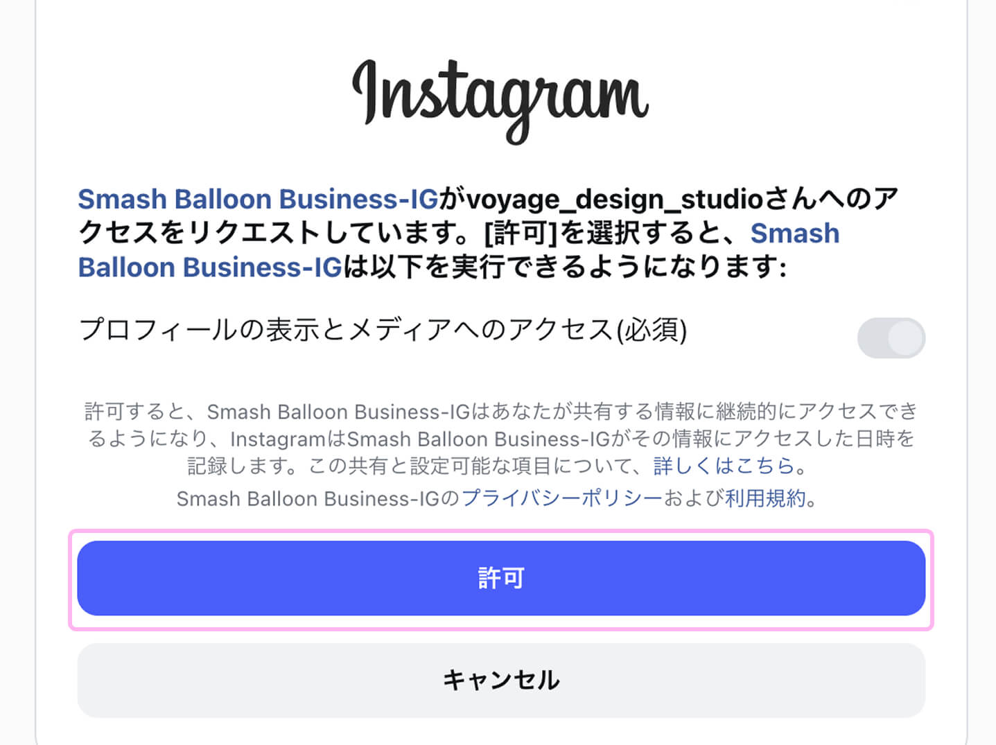 Instagramの連携許可画面でWordPressとの接続を許可する画面