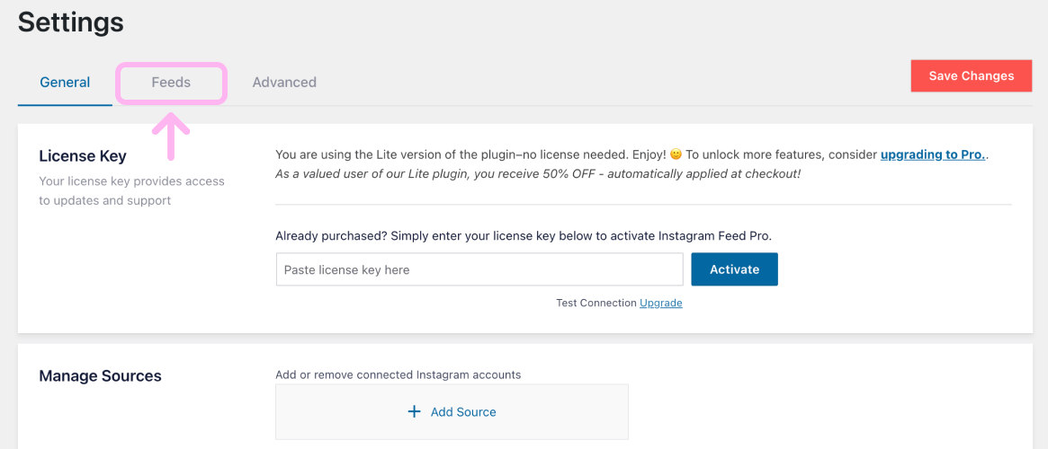Instagram FeedのSettings内にあるFeedsタブを開いた画面